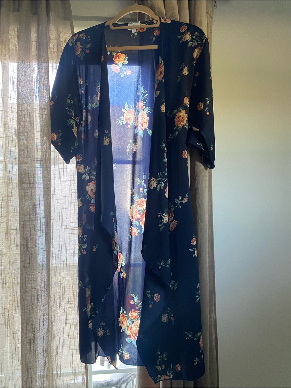 Navy Floral Open-Front Kimono Cardigan